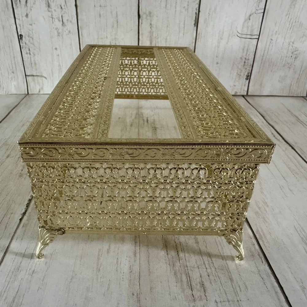 Vintage Gold Filigree Tissue Box Cover Hollywood Regency Metal Footed Ornate MCM